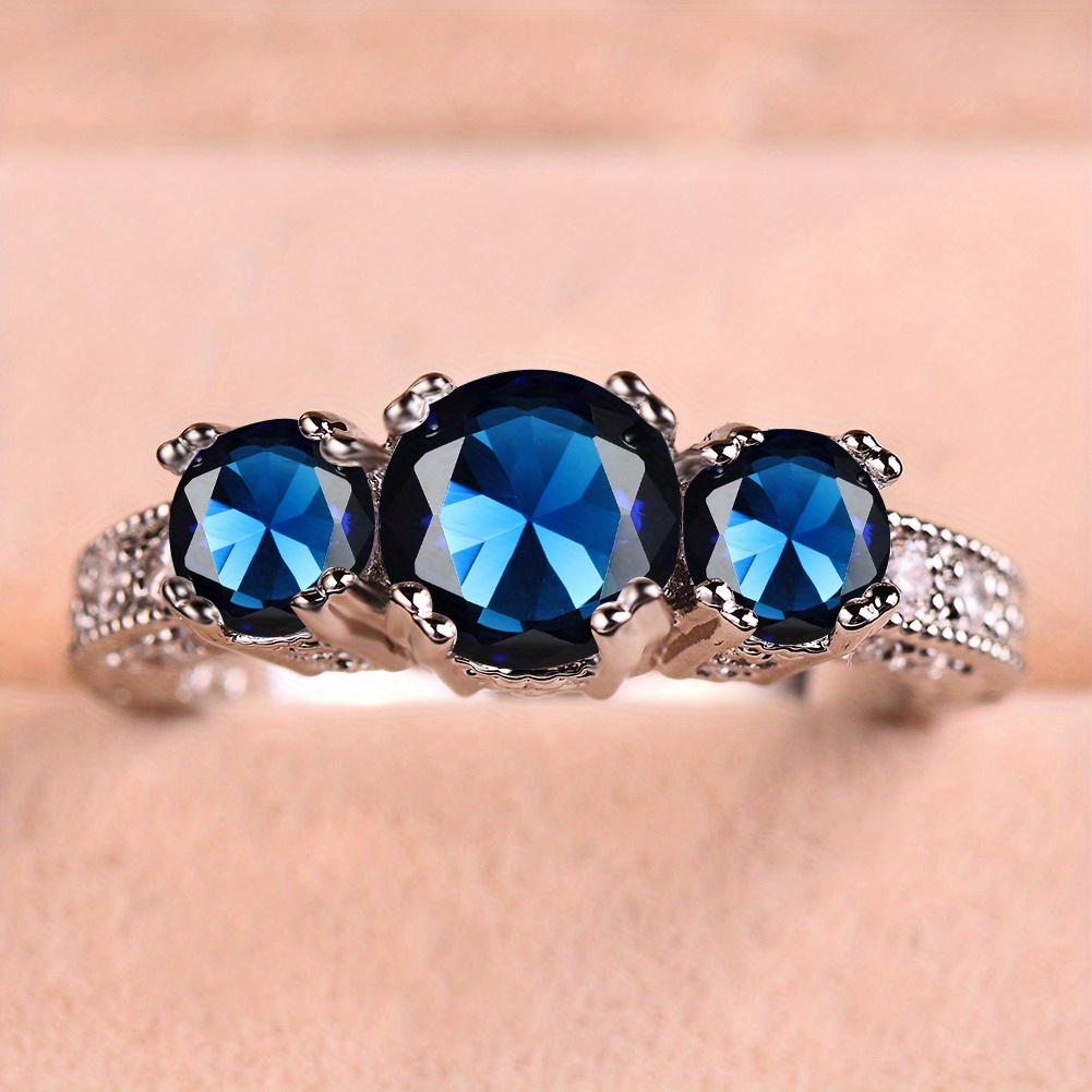 Silvery Three Stone Zirconia Engagement Wedding Band Ring